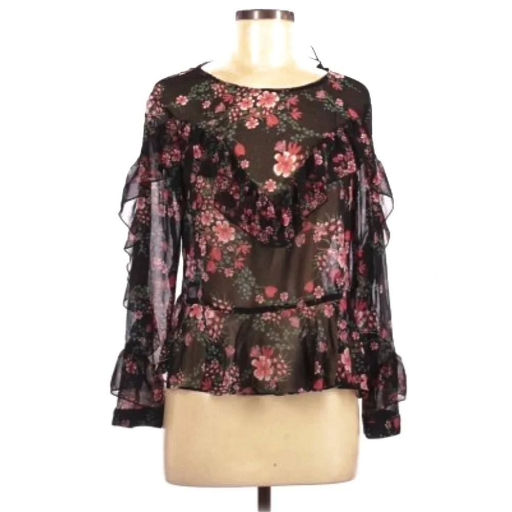 Zara Women Sheer Floral Long Sleeve Ruffled Layered Pink Black Cuffed Blouse SzM - Picture 2 of 15